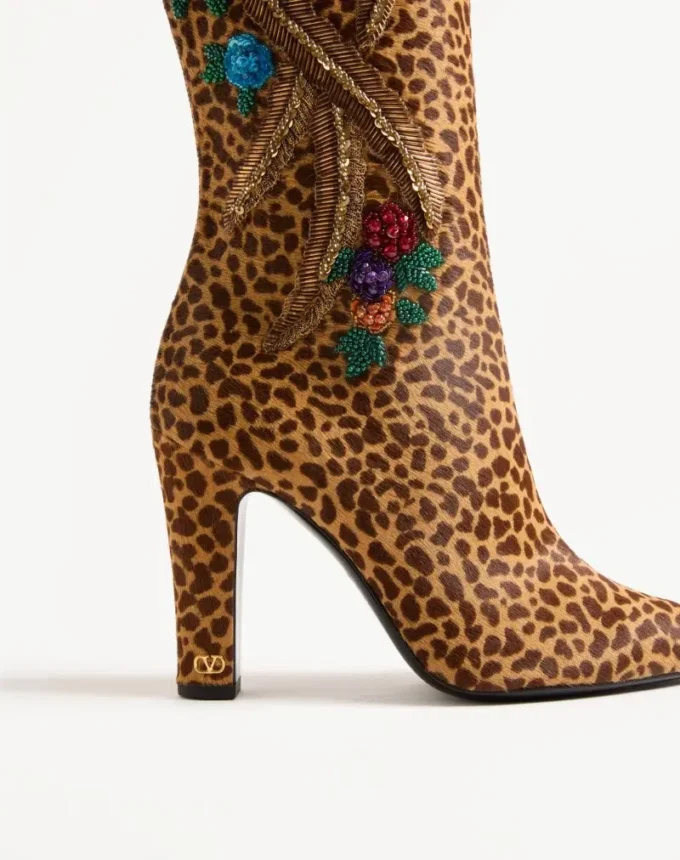 Hotty Boot In Pony-Effect Calfskin With Floral Embroidery And Fur 100mm