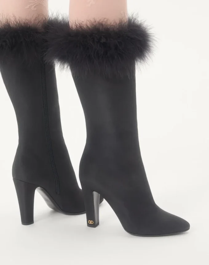 Hotty Shantung Fabric Boot With Feathers 100MM Hotty Shantung Fabric Boot With Feathers 100MM