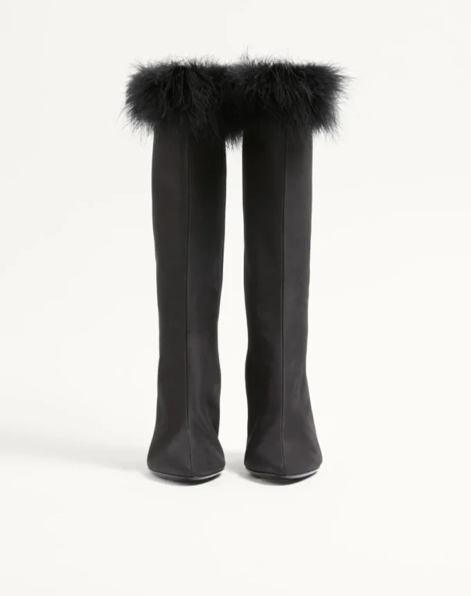 Hotty Shantung Fabric Boot With Feathers 100MM Hotty Shantung Fabric Boot With Feathers 100MM