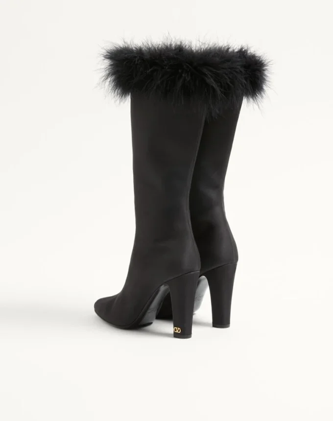 Hotty Shantung Fabric Boot With Feathers 100MM Hotty Shantung Fabric Boot With Feathers 100MM