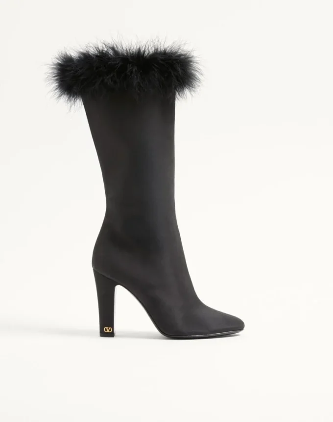 Hotty Shantung Fabric Boot With Feathers 100MM Hotty Shantung Fabric Boot With Feathers 100MM