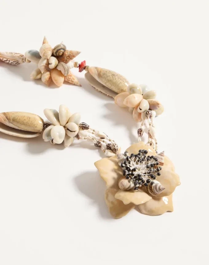 Jardin Aquatique Necklace In Metal, Enamel, Fabric, Shells, Coral And Natural Pearls