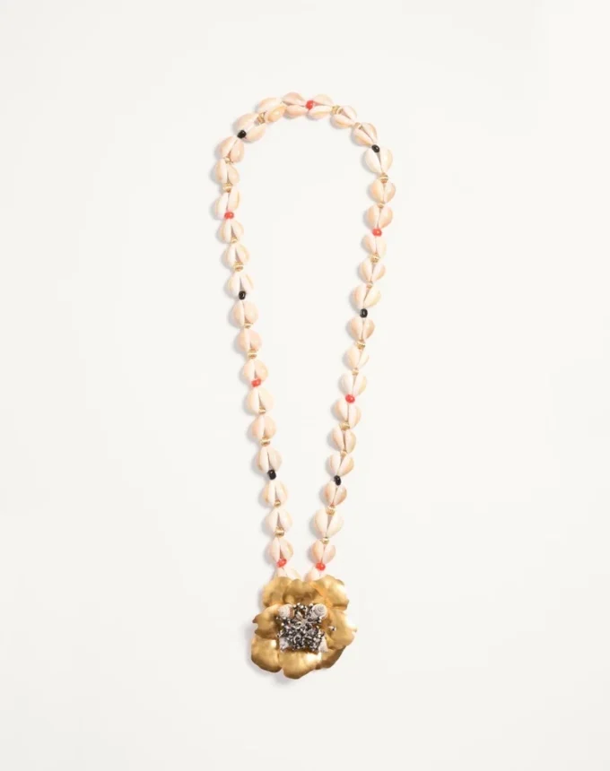 Jardin Aquatique Necklace In Metal, Fabric, Shells, Coral And Onyx