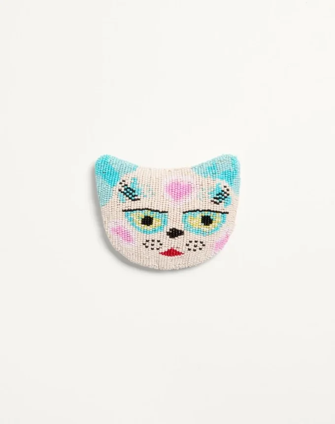 Le Chat De La Maison Brooch In Jacquard Fabric With Resin Bead Embroidery