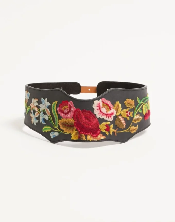 Leather belt with floral motif embroidery 95 mm