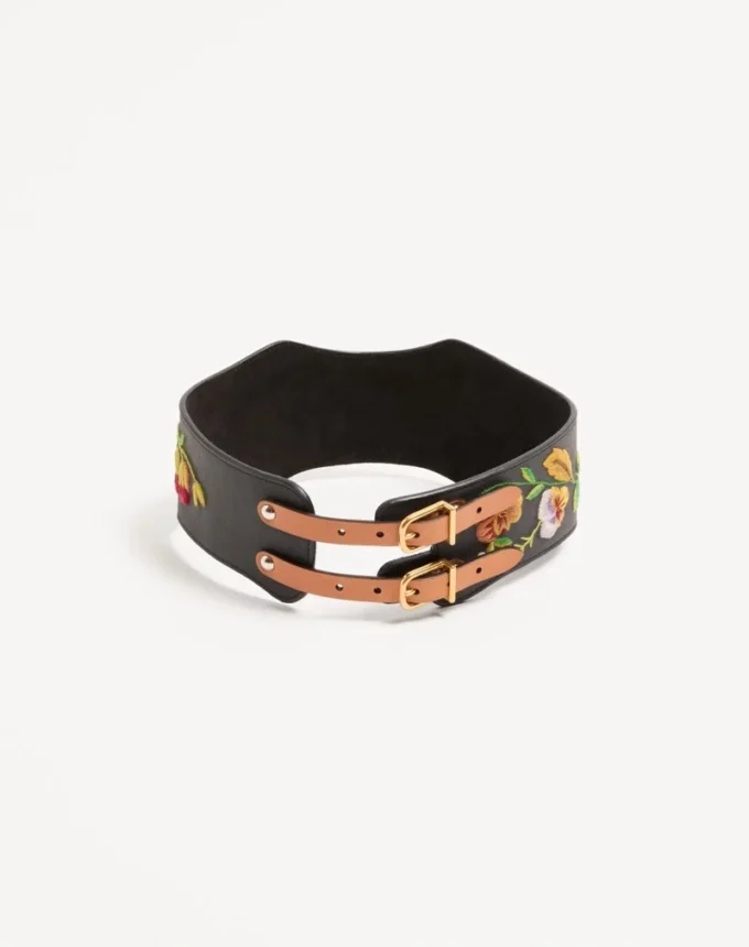 Leather belt with floral motif embroidery 95 mm