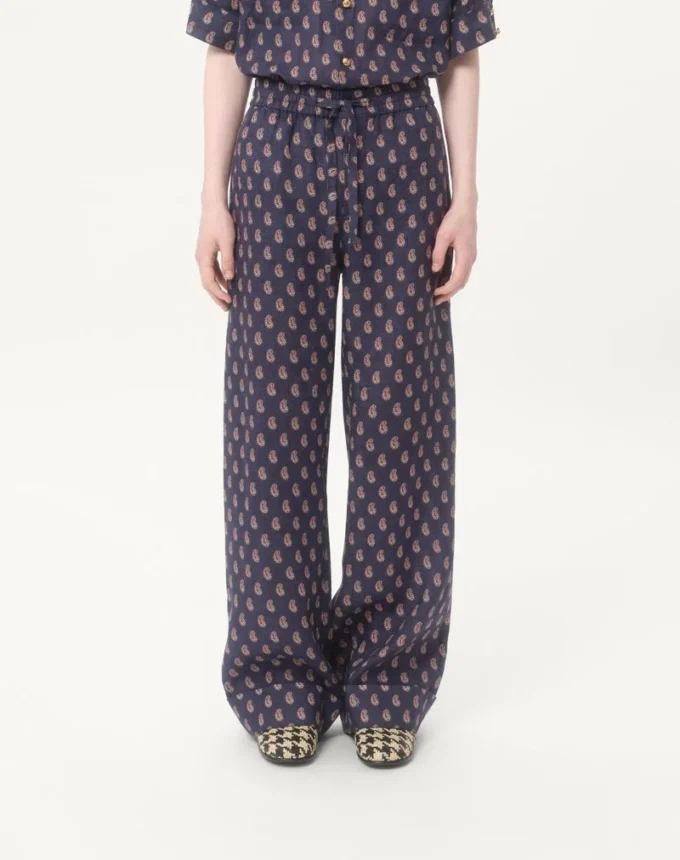 Lightweight Cuffed Linen Pants With Voyage Imaginaire Print