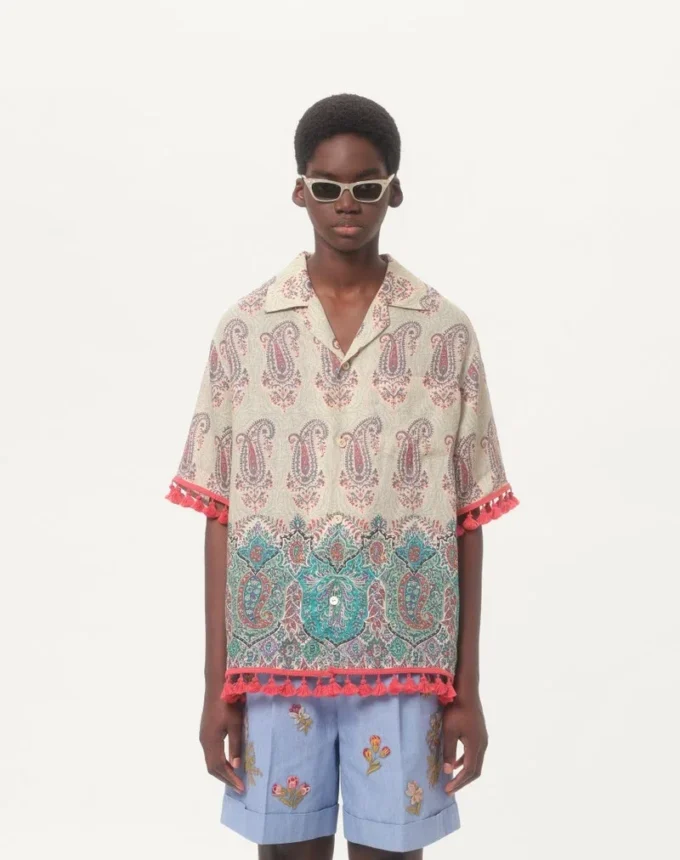 Lightweight Linen Bowling Shirt With Voyage Imaginaire Print