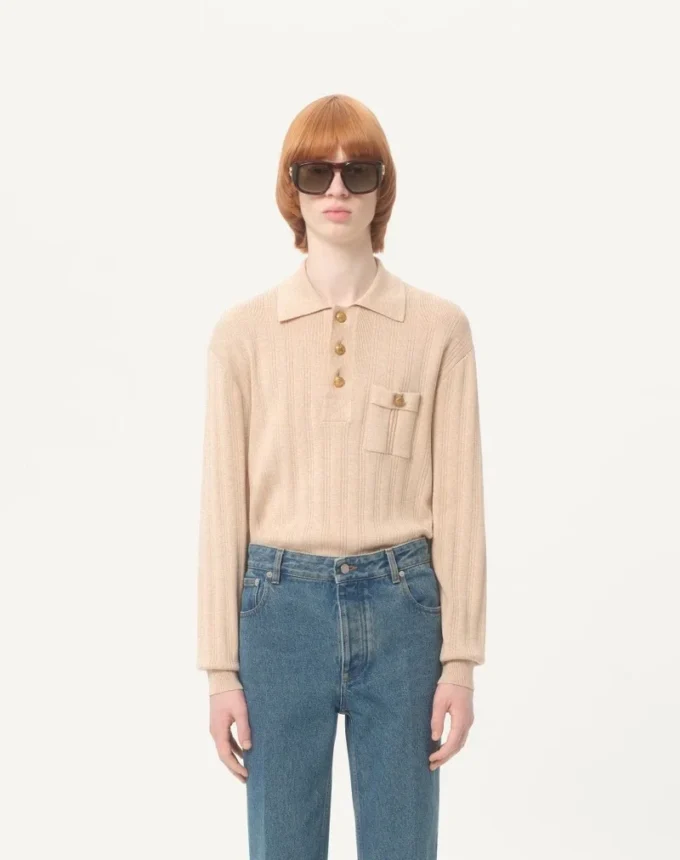 Long-Sleeved Ribbed Cotton Polo Shirt