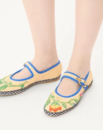 Mary-Jane Endouce Ballerina In Raffia With Floral Embroidery