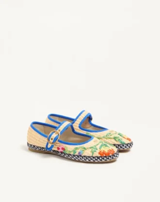 Mary-Jane Endouce Ballerina In Raffia With Floral Embroidery