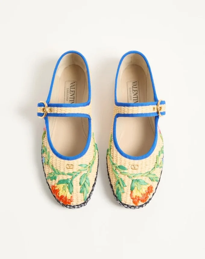 Mary-Jane Endouce Ballerina In Raffia With Floral Embroidery