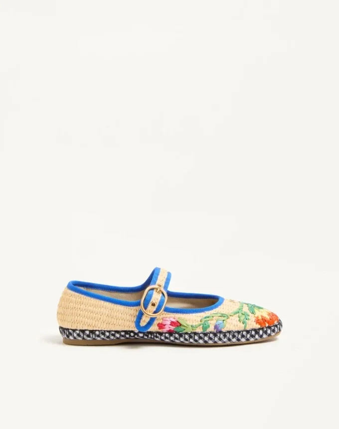 Mary-Jane Endouce Ballerina In Raffia With Floral Embroidery