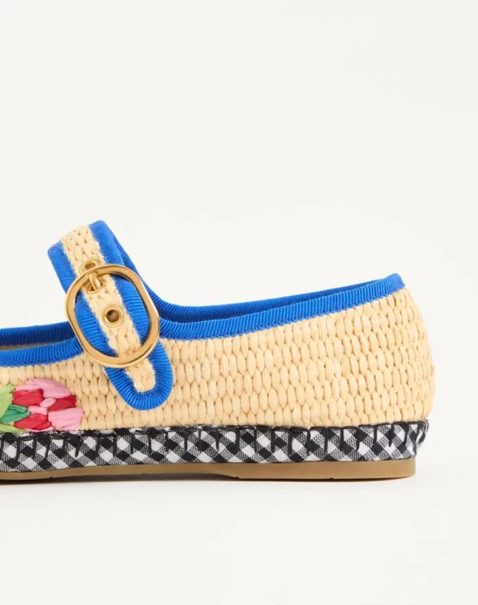 Mary-Jane Endouce Ballerina In Raffia With Floral Embroidery