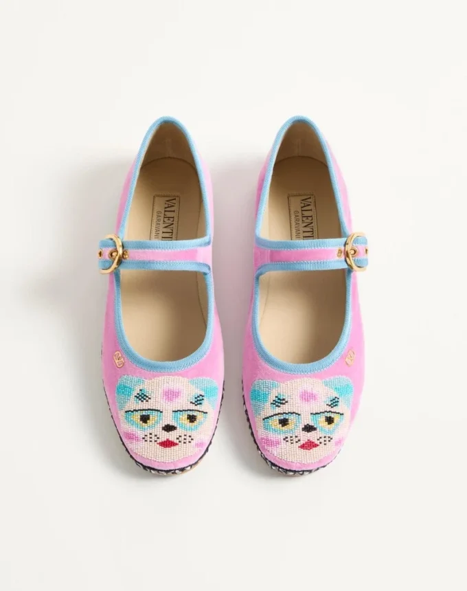 Mary-Jane Endouce Velvet Ballerina With Le Chat De La Maison Embroidery