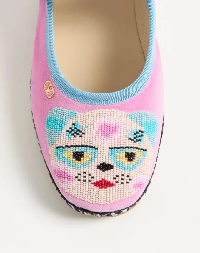 Mary-Jane Endouce Velvet Ballerina With Le Chat De La Maison Embroidery