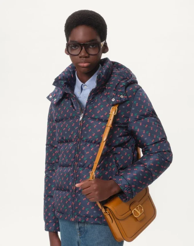 Nylon Hooded Down Jacket With Cherryfic Print Nylon Hooded Down Jacket With Cherryfic Print