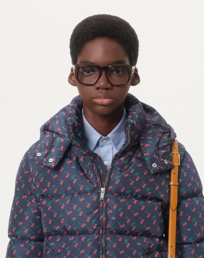 Nylon Hooded Down Jacket With Cherryfic Print Nylon Hooded Down Jacket With Cherryfic Print