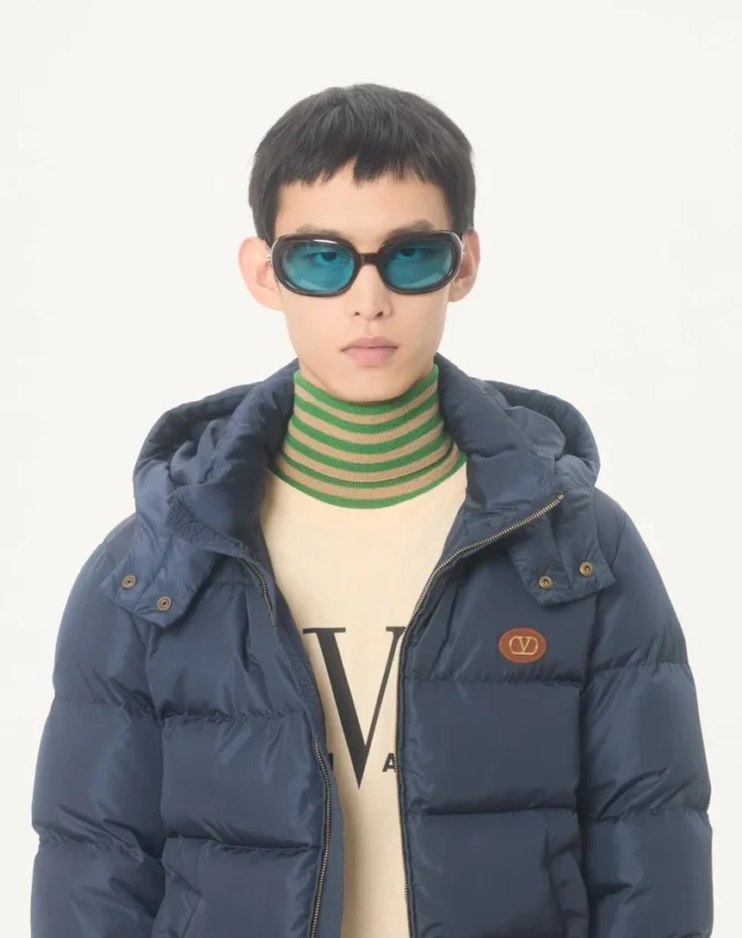 Nylon Hooded Down Jacket With Vlogo Patch Nylon Hooded Down Jacket With Vlogo Patch