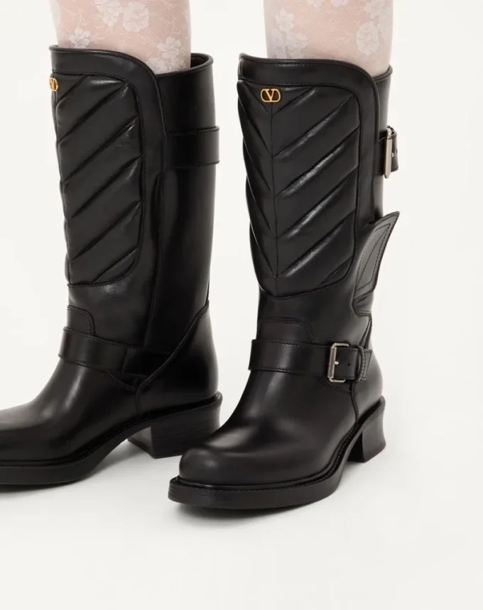 Rayons biker boot in Calfskin and Nappa Leather with Chevron Pattern 40mm