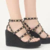 Rockstud Ankle Strap Wedge Sandal In Calfskin Leather 95 Mm