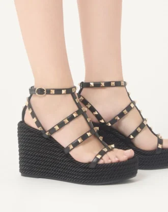 Rockstud Ankle Strap Wedge Sandal In Calfskin Leather 95 Mm
