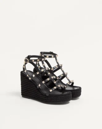 Rockstud Ankle Strap Wedge Sandal In Calfskin Leather 95 Mm