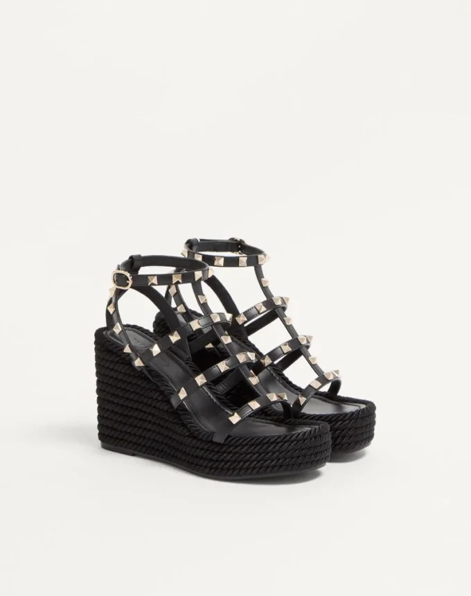 Rockstud Ankle Strap Wedge Sandal In Calfskin Leather 95 Mm