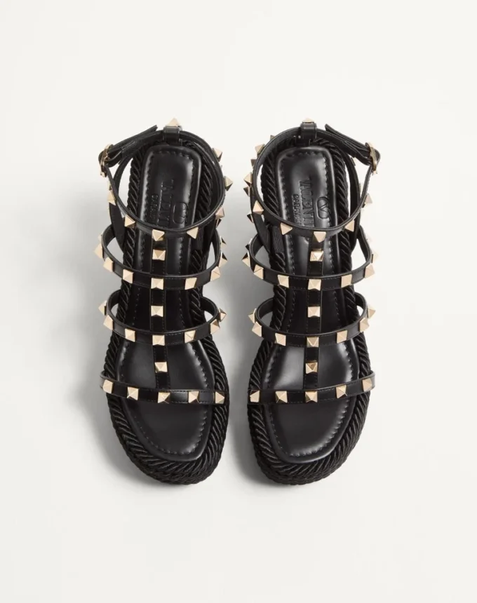 Rockstud Ankle Strap Wedge Sandal In Calfskin Leather 95 Mm