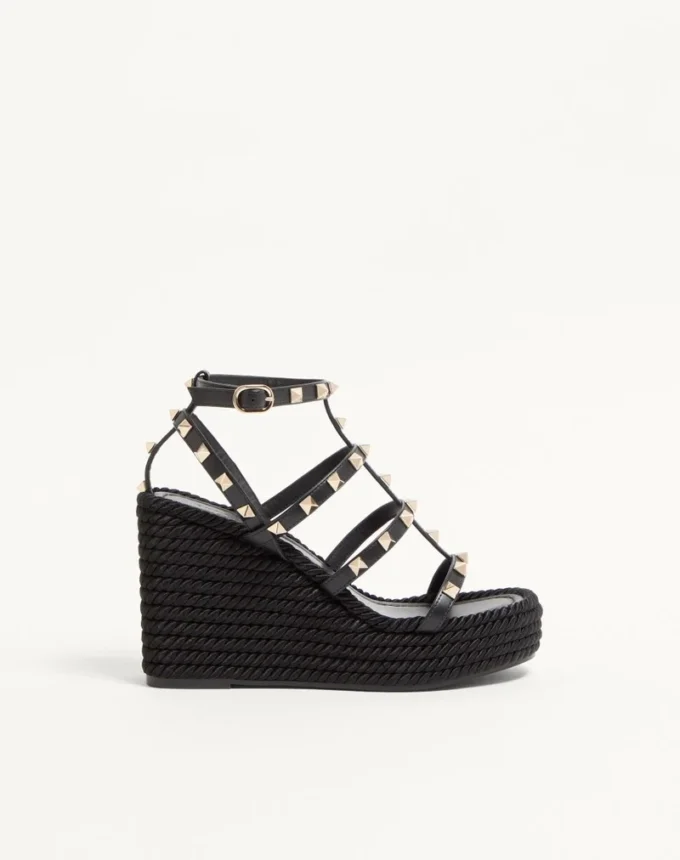 Rockstud Ankle Strap Wedge Sandal In Calfskin Leather 95 Mm