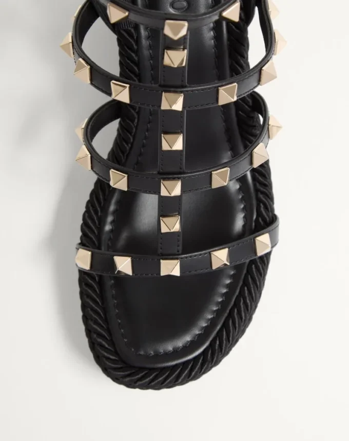 Rockstud Ankle Strap Wedge Sandal In Calfskin Leather 95 Mm