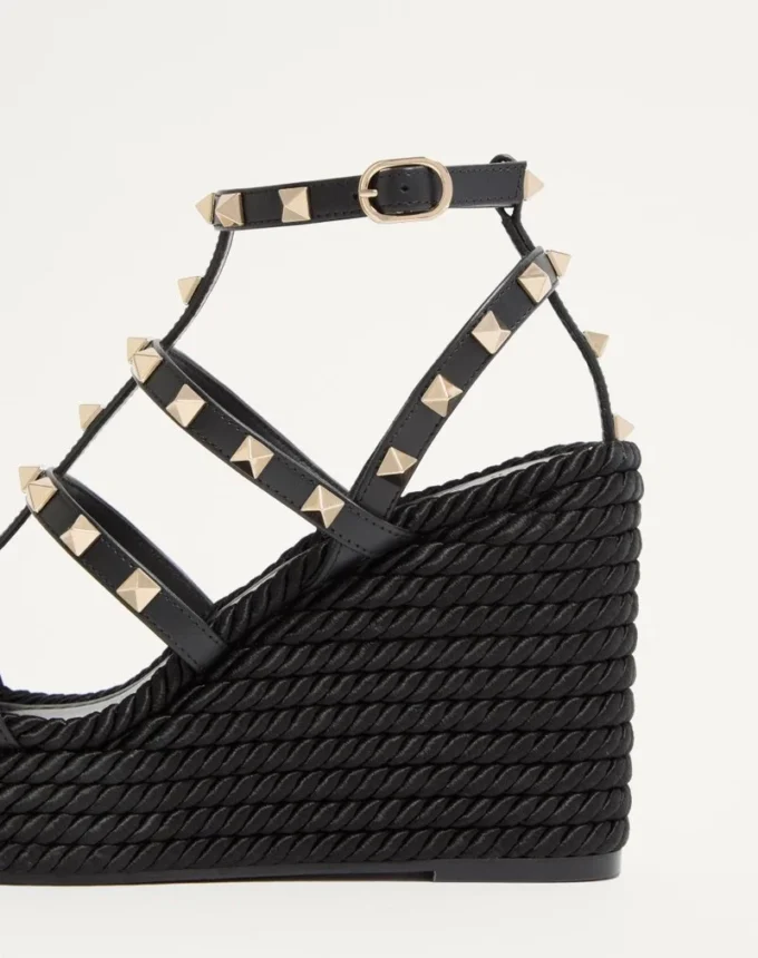 Rockstud Ankle Strap Wedge Sandal In Calfskin Leather 95 Mm