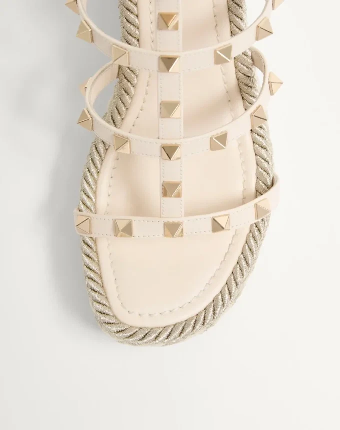 Rockstud Calfskin Wedge Sandal With Straps 95 Mm