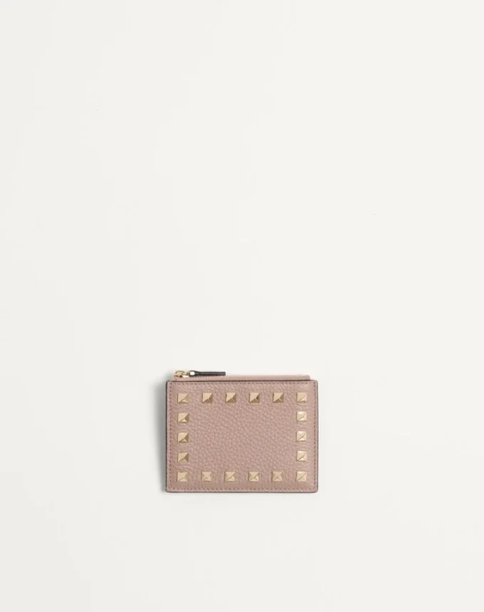 Rockstud Grainy Calfskin Cardholder With Zipper