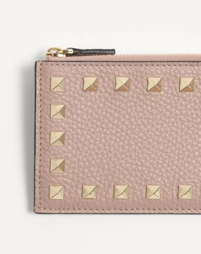Rockstud Grainy Calfskin Cardholder With Zipper