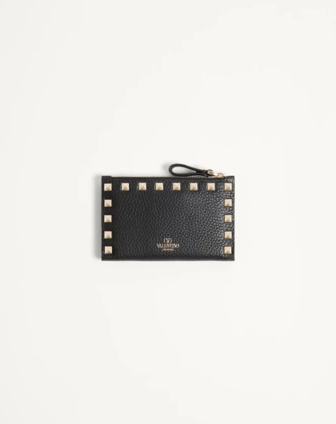Rockstud Grainy Calfskin Cardholder With Zipper