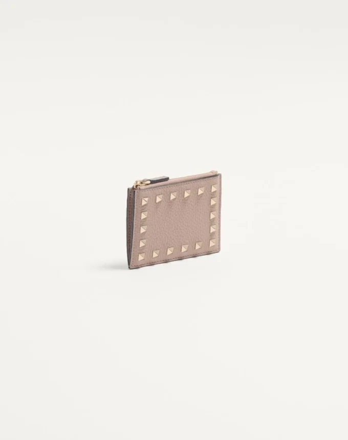 Rockstud Grainy Calfskin Cardholder With Zipper
