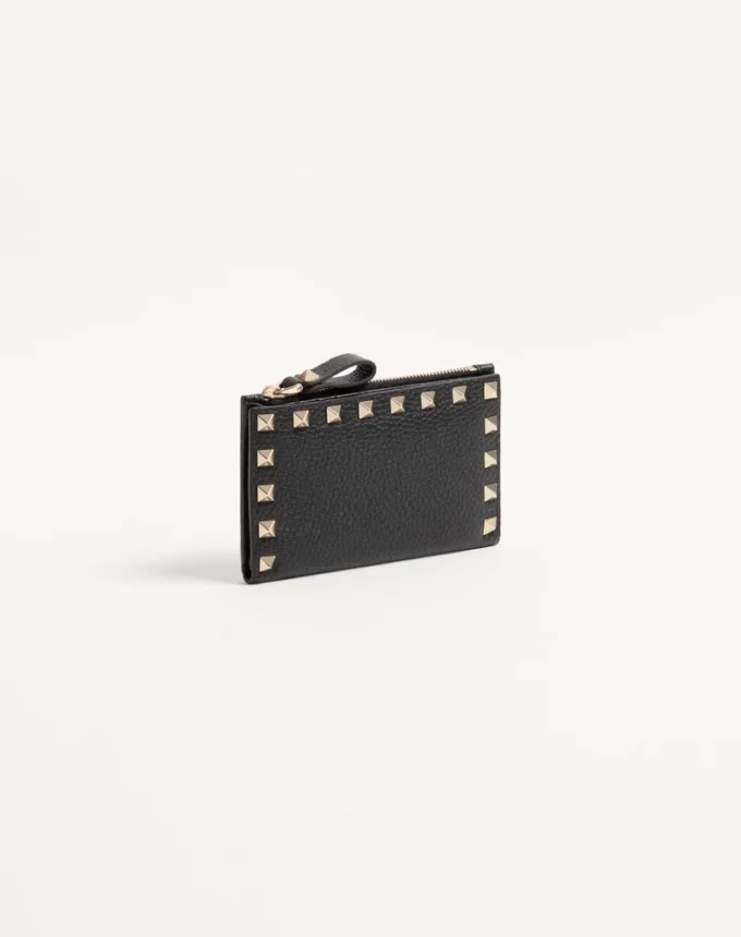 Rockstud Grainy Calfskin Cardholder With Zipper