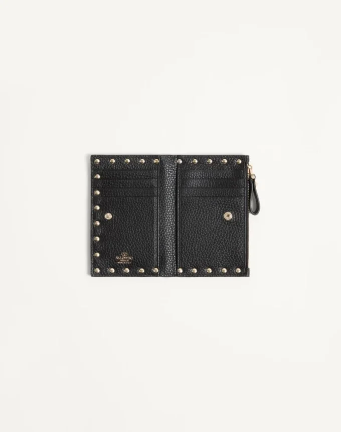 Rockstud Grainy Calfskin Cardholder With Zipper