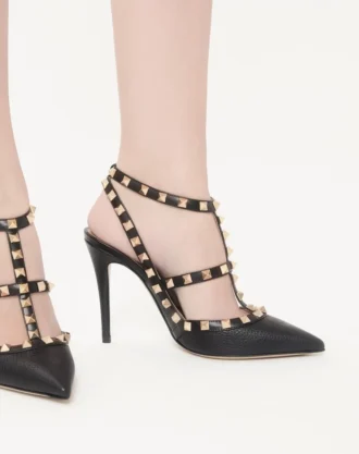 Rockstud Grainy Leather Ankle Strap Pump 100 Mm
