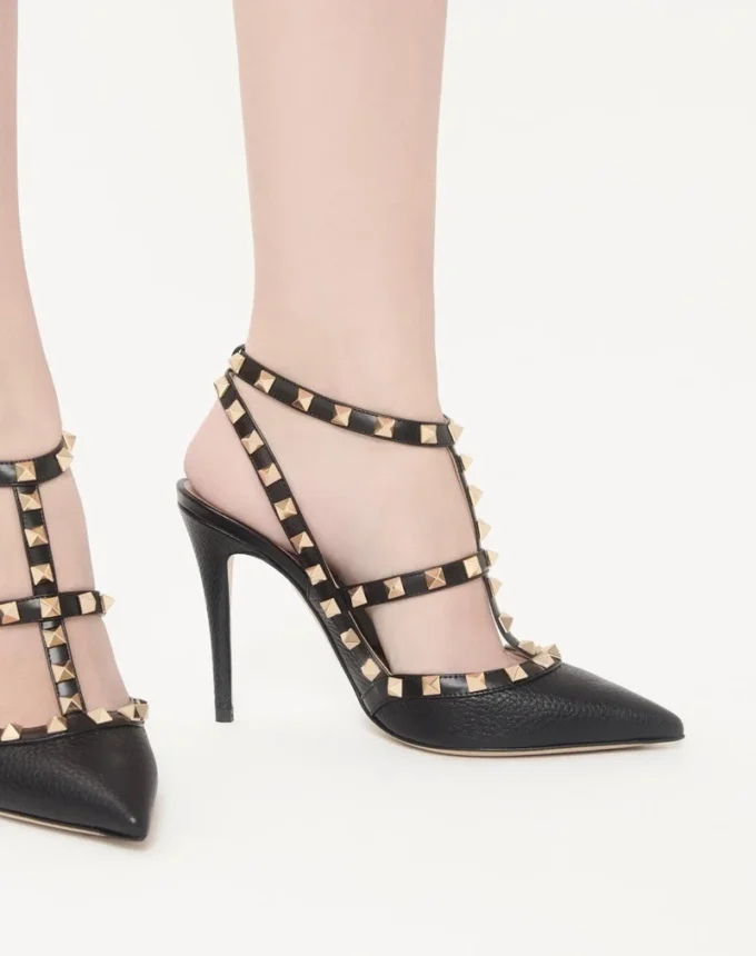 Rockstud Grainy Leather Ankle Strap Pump 100 Mm
