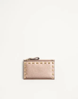 Rockstud Laminated Grainy Calfskin Card Holder With Zip