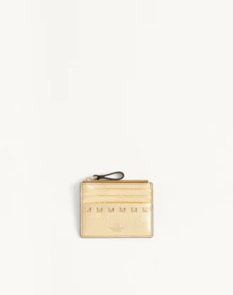 Rockstud Laminated Grainy Calfskin Card Holder With Zipper