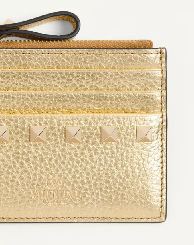 Rockstud Laminated Grainy Calfskin Card Holder With Zipper