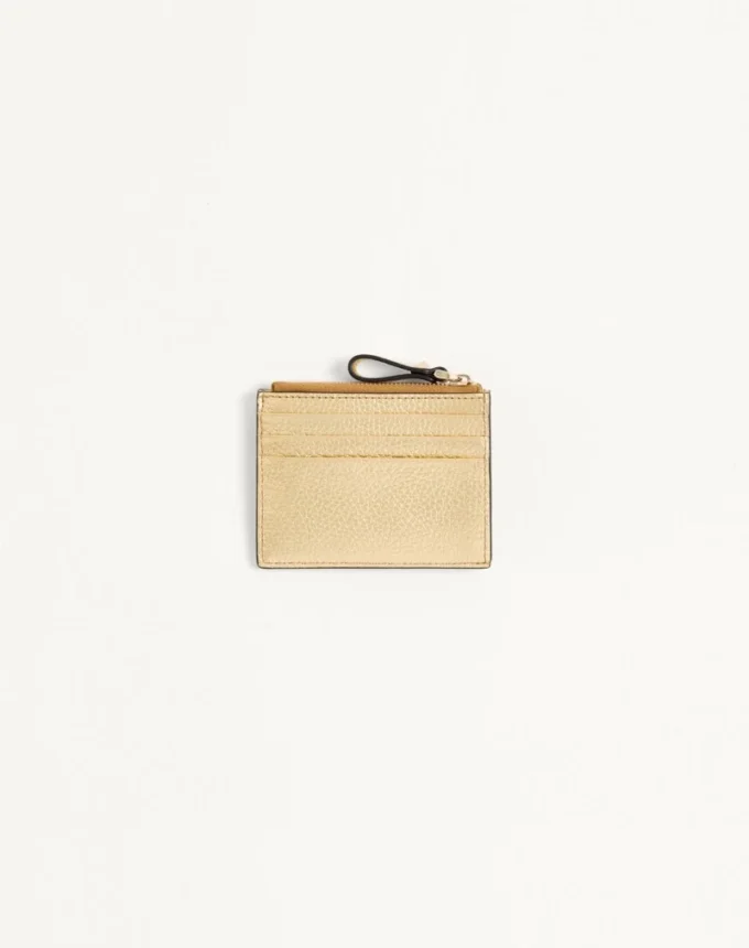 Rockstud Laminated Grainy Calfskin Card Holder With Zipper