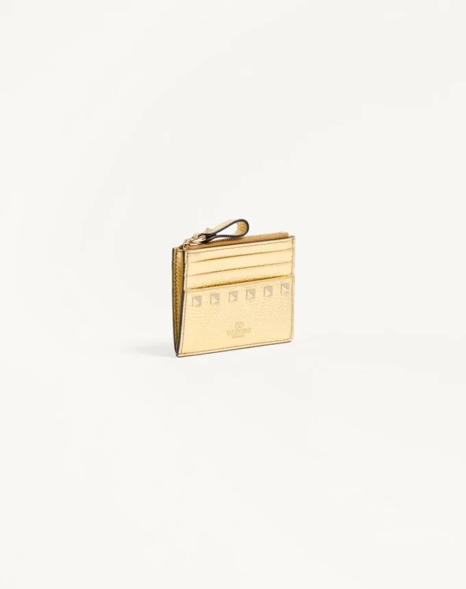 Rockstud Laminated Grainy Calfskin Card Holder With Zipper