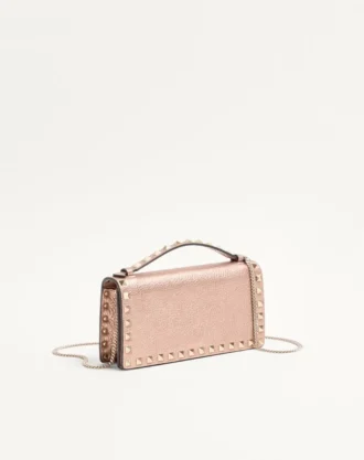 Rockstud Laminated Grainy Calfskin Wallet With Chain