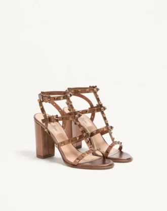 Rockstud Metallic Calfskin Leather Ankle Strap Sandal 90 Mm