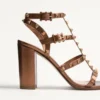 Rockstud Metallic Calfskin Leather Ankle Strap Sandal 90 Mm
