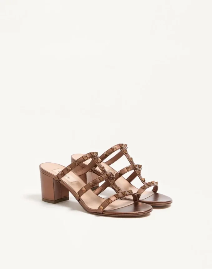 Rockstud Metallic Calfskin Leather Slide Sandal 60 Mm